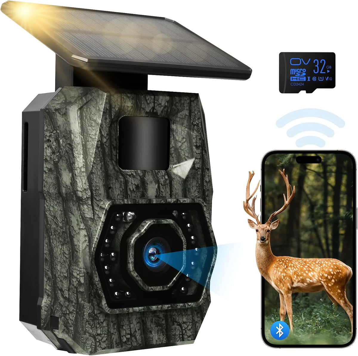 MAXDONE Solar Trail Camera WiFi Bluetooth, 4K 64MP Night Vision Game Camera | Built-in 6000mAh Rechargeable Battery, 0.1s Trigger, IP66 Waterproof Trail Cam with 32GB SD Card for Outdoor Backyard