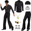 KDAFJLKD 6 Pcs 70s Disco Outfit Costume for Men Dance Bell Bottom Pants Retro Shirts Moustache Sunglasses Wigs Necklace (Black, Large)