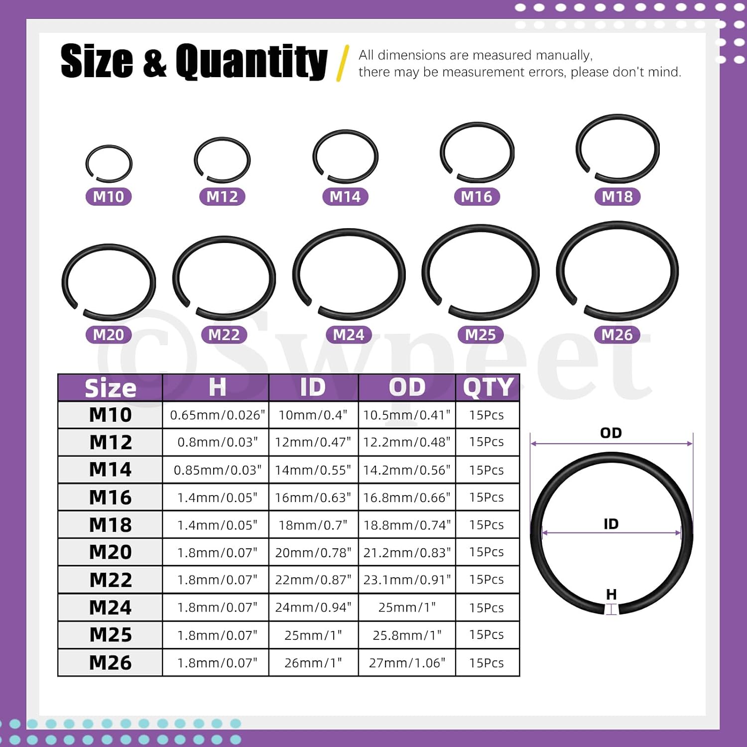 Swpeet 150 piezas 10 tamaños 10 mm-26 mm Acero al carbono para muelles Acero al manganeso Alambre redondo Clips en C Kit surtido de anillos de retención externos, M10 M12 M14 M16 M18 M20 M22 M20 M24 M25 M26 Anillos de retención de alambre redondo para eje