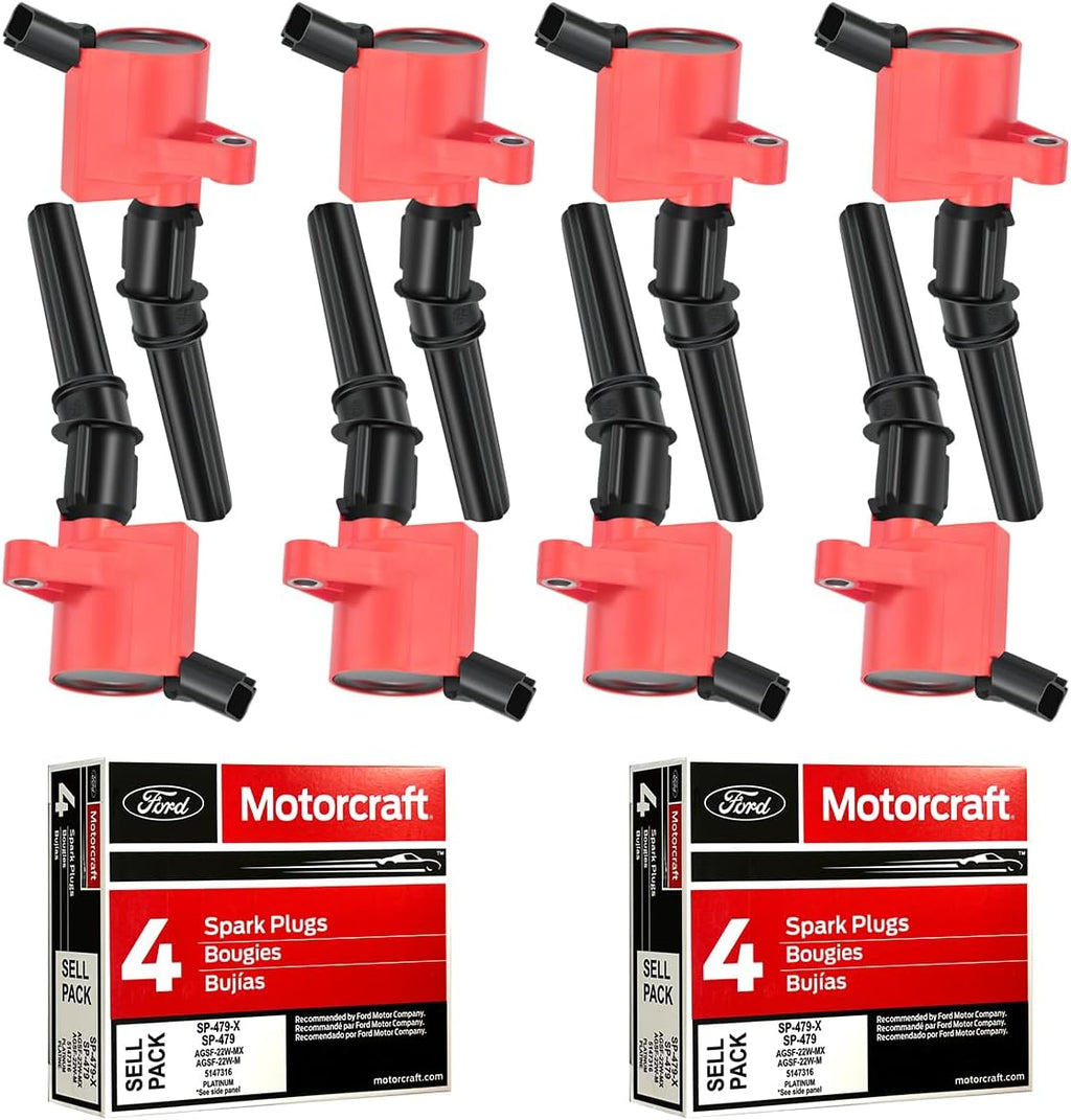 Juego MAS de 8 Paquetes de Bobina de Encendido Roja DG508 y 8 Piezas de Bujía Motorcraft SP479 Compatible con Ford F150 E250 Expedition Excursion Lincoln Navigator Reemplazo para DG457 DG491 3W7Z12029AA
