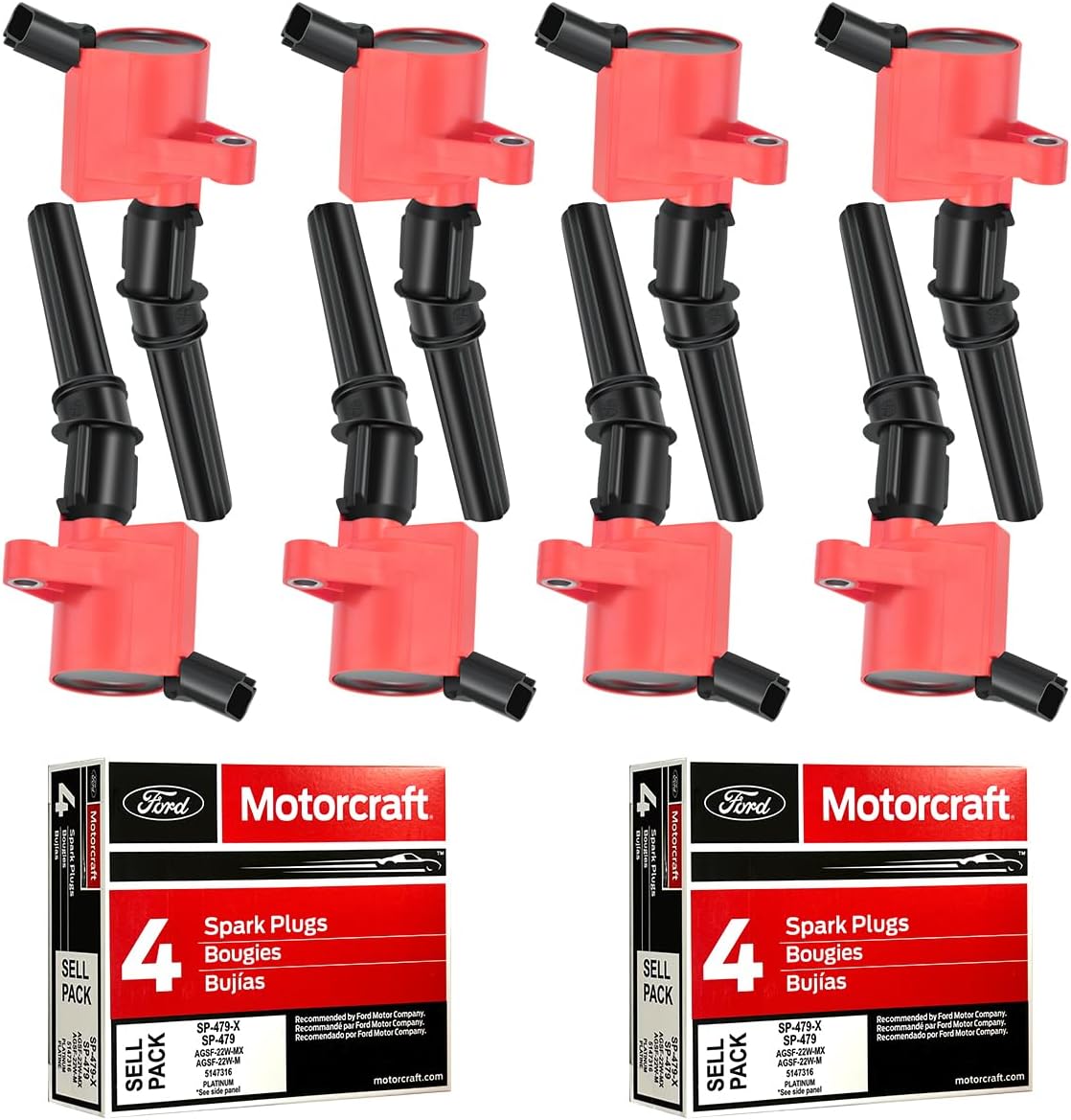 Juego MAS de 8 Paquetes de Bobina de Encendido Roja DG508 y 8 Piezas de Bujía Motorcraft SP479 Compatible con Ford F150 E250 Expedition Excursion Lincoln Navigator Reemplazo para DG457 DG491 3W7Z12029AA