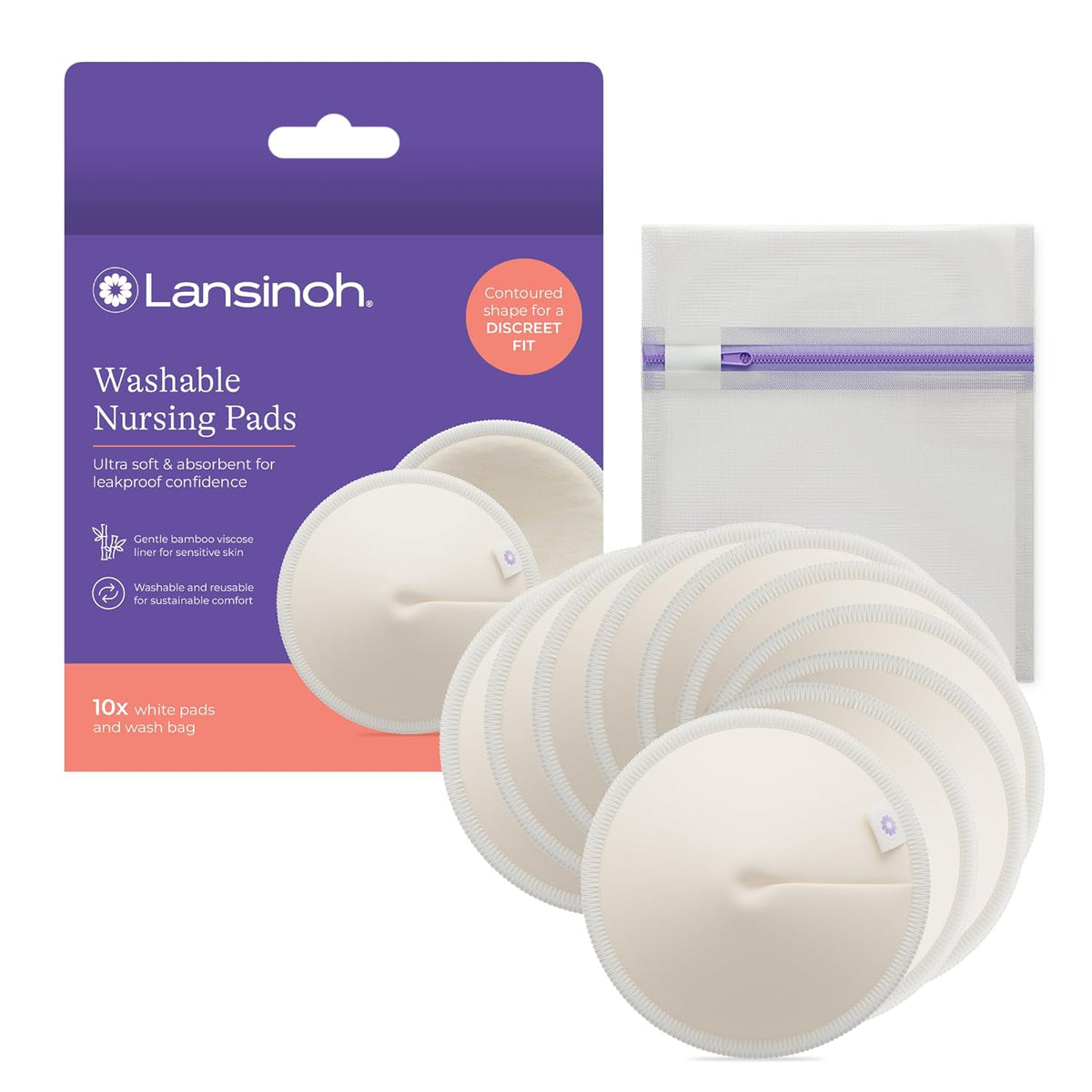 Discos absorbentes lavables Lansinoh para lactancia, fabricados con viscosa de bambú orgánico, discos reutilizables para amamantar con bolsa de lavado, artículos esenciales para la lactancia, paquete de 10 unidades.