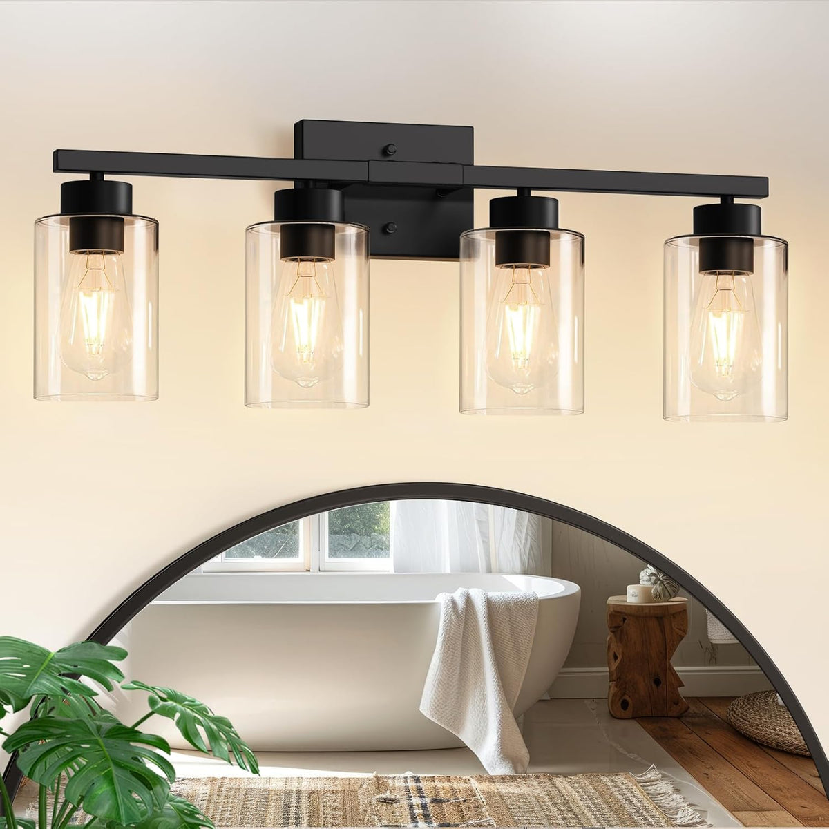 IZORRO Lampara de Bano Moderna 4 Luces Negra | Vidrio Transparente, para Espejo, Sala y Dormitorio