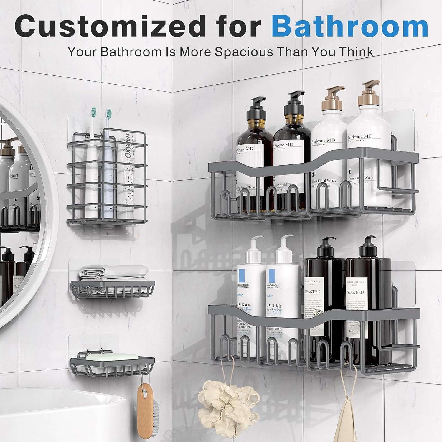 Organizador de Ducha EUDELE Pack x5 — Acero Inoxidable Antioxidante, Sin Taladro, Talla XL
