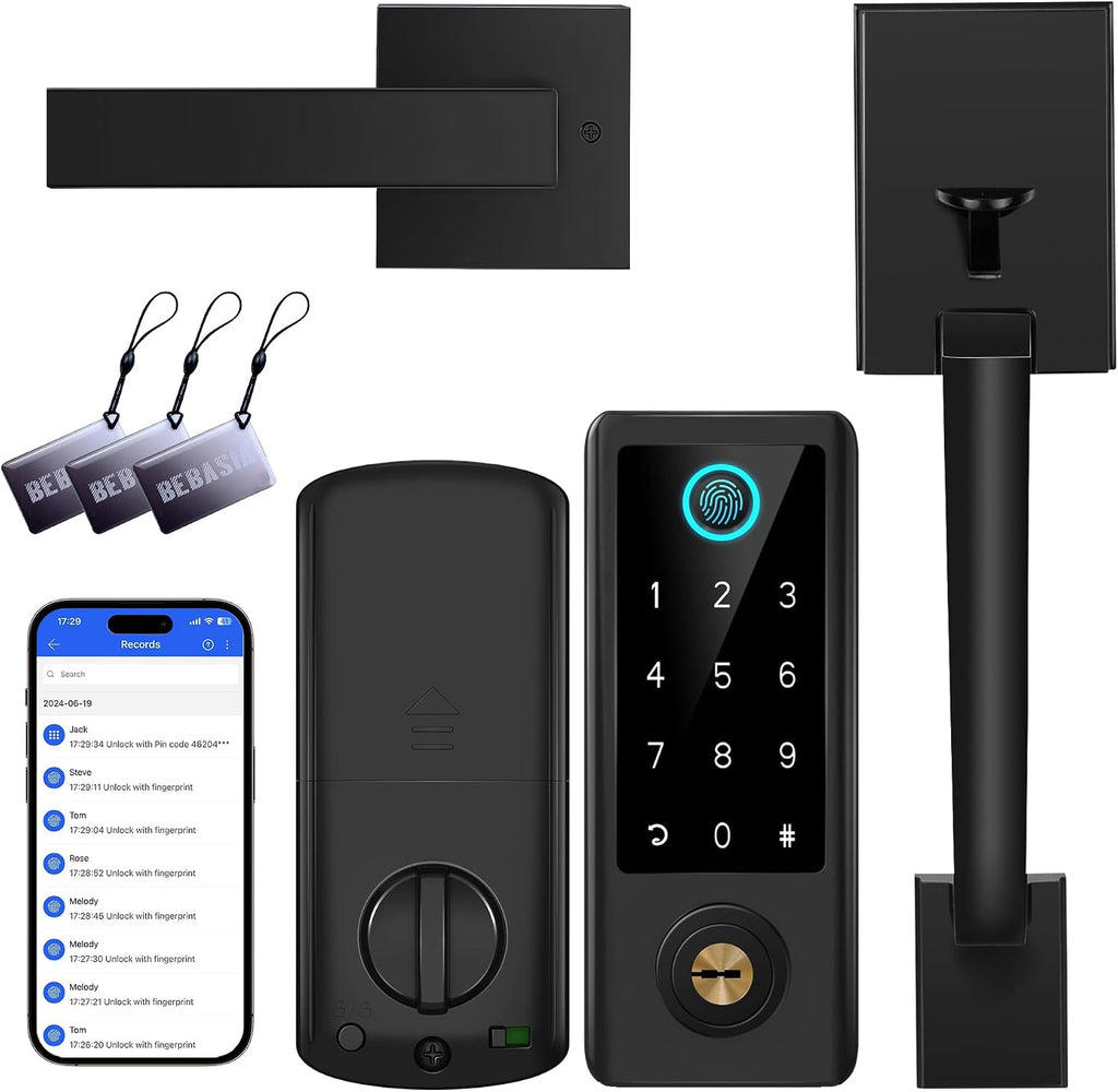 BEBASIA Cerradura de Puerta con Huella Dactilar y Manija | Acceso sin Llave, Bluetooth, Cerrojo Inteligente y Teclado Digital, Negro