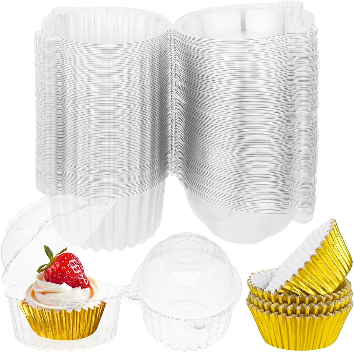 HKOYTIUP 100 juegos de recipientes individuales para cupcakes, portacupcakes individuales con tapas, soportes de plástico para pasteles y revestimientos dorados, apilables, cúpula profunda, suministros de panadería para hornear, transporte, fiestas y