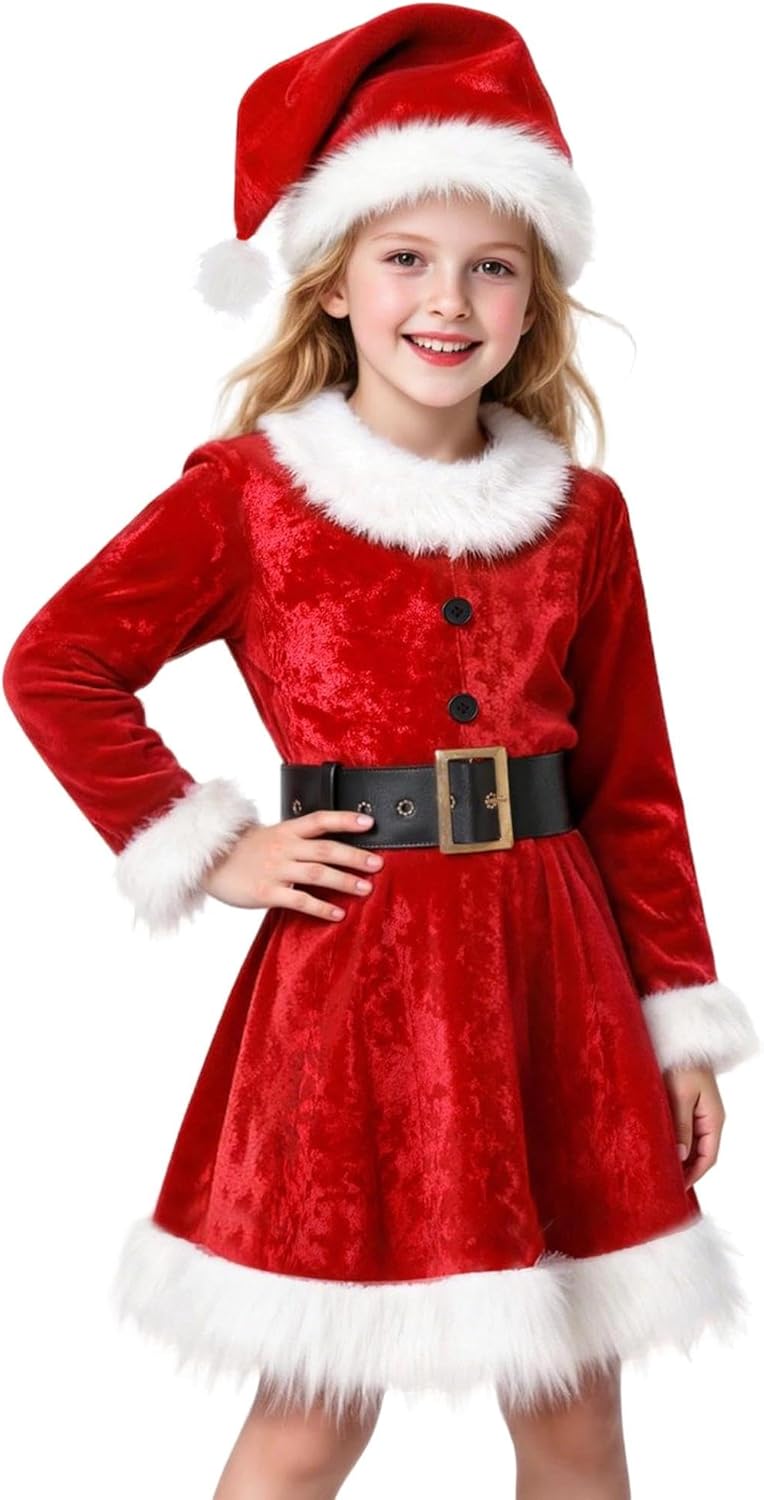 Gomukot Direct Girls Mrs. Santa Claus Costume Girls Christmas Dress for Kids Xmas Cosplay Party (9-10 Years)
