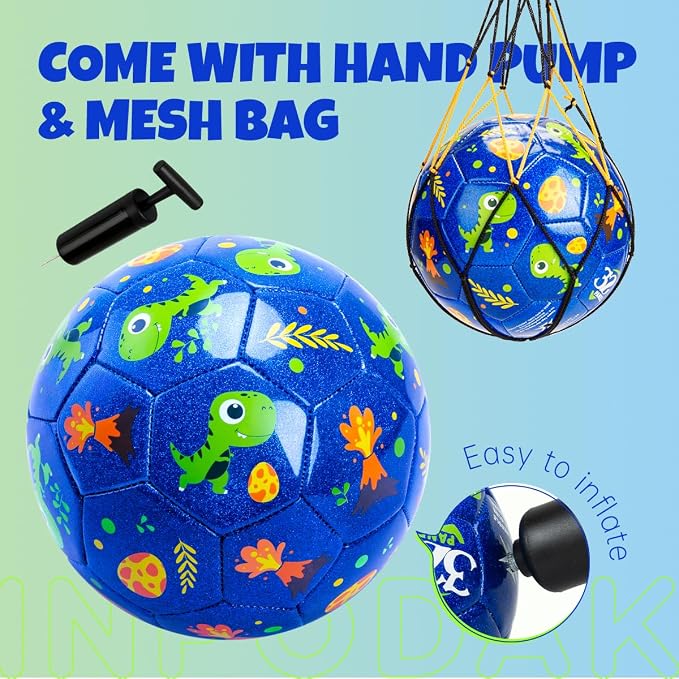 ⚠️ IMÁGENES SON REFERENCIAS, VER BIEN LAS FOTOS — INPODAK Balón de Fútbol Tamaño 2 para Niños, Dinosaurio Azul con Bomba y Bolsa de Malla