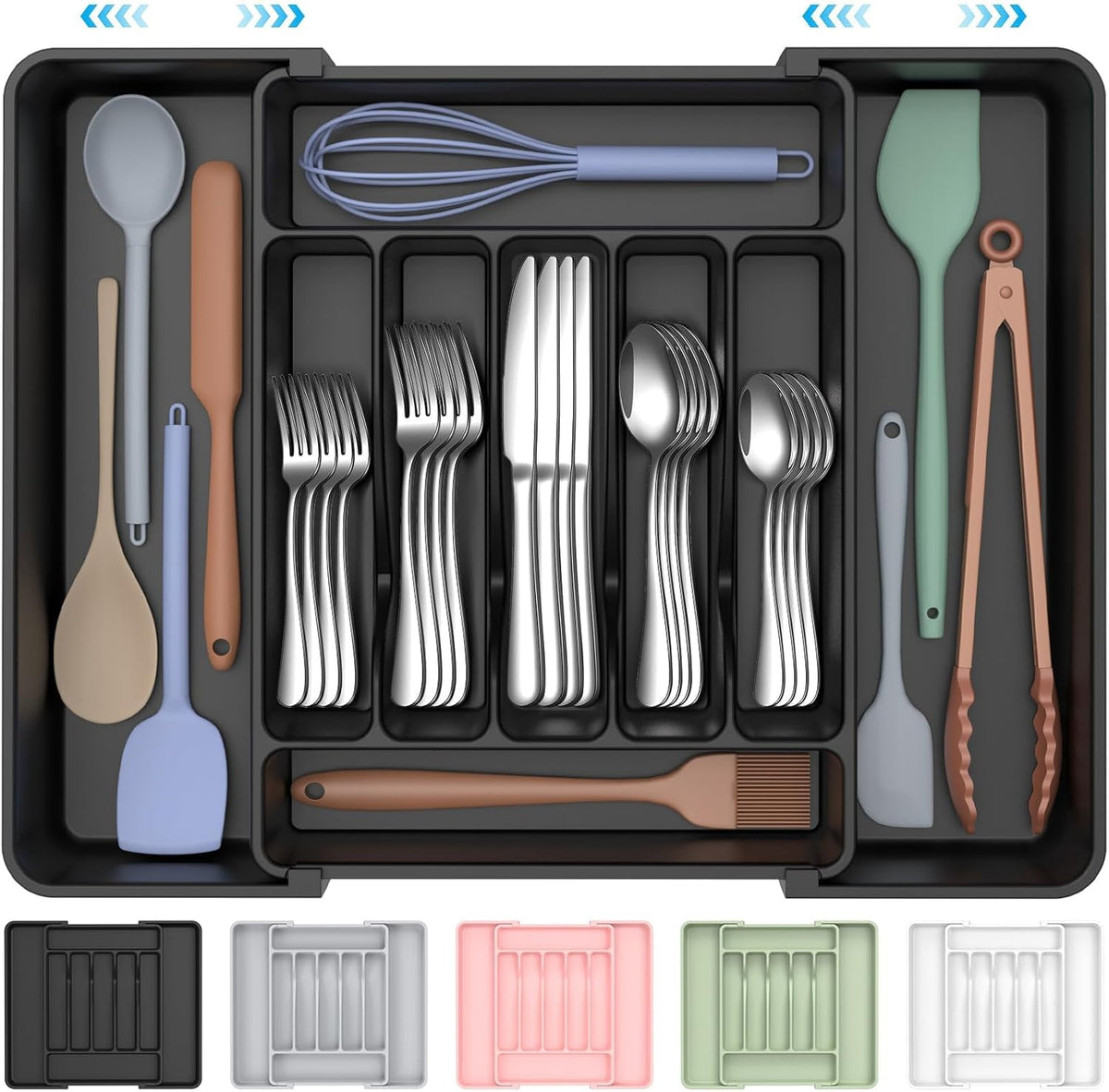 Organizador de Cubiertos Extensible ukeetap | Bandeja Ajustable Libre de BPA para Cajon de Cocina, Cucharas, Tenedores y Cuchillos, Negro