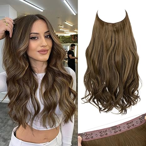 SARLA - Extensiones de cabello con alambre invisible con 3 clips, cabello sintético largo ondulado y rizado para mujer, diadema transparente ajustable de 22 pulgadas, color café marrón