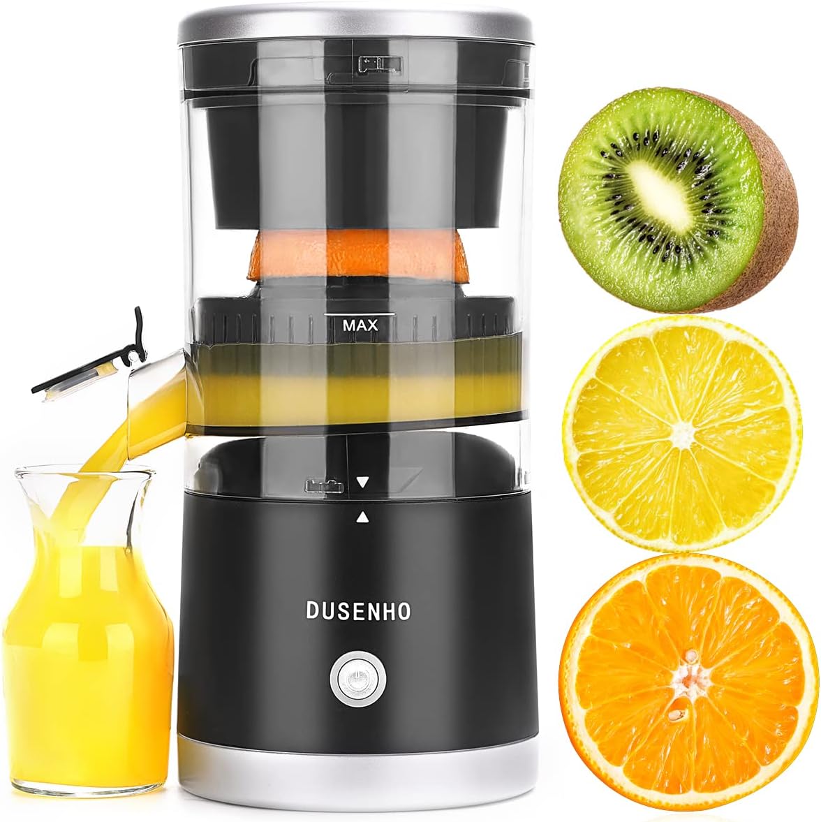 Exprimidor eléctrico recargable DUSENHO - Máquina para cítricos con USB y cepillo de limpieza portátil para naranja, limón y pomelo Blanco + Verde 9,4 * 4,4 * 5,4 pulgadas