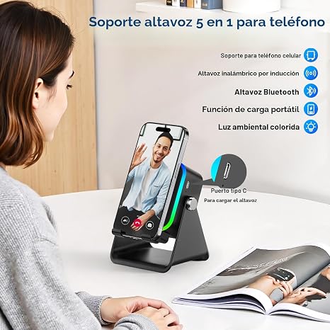 Bocina Bluetooth 5 en 1 con Soporte para Teléfono – Sonido Estéreo, 3500mAh, 8 Luces RGB, Soporte 360° para iPhone/Android/iPad (Negro)