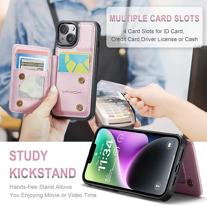Vinich Funda tipo cartera para iPhone 14 Plus con tarjetero y ranuras de crédito con bloqueo RFID, función atril, a prueba de golpes, para iPhone 14 Plus de 6.7 pulgadas, color oro rosa