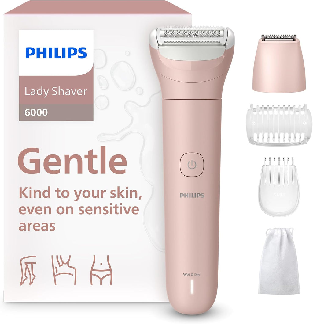 Afeitadora eléctrica Philips Lady Shaver Serie 6000 - Inalámbrica, para uso en seco y húmedo, sistema de afeitado de 3 cuchillas, para piernas, cuerpo y zona del bikini, 80 minutos de autonomía, modelo BRL137/00