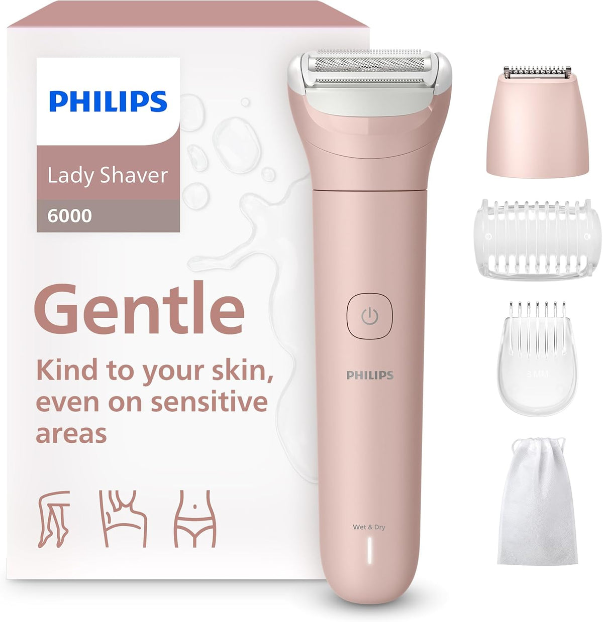Afeitadora eléctrica Philips Lady Shaver Serie 6000 - Inalámbrica, para uso en seco y húmedo, sistema de afeitado de 3 cuchillas, para piernas, cuerpo y zona del bikini, 80 minutos de autonomía, modelo BRL137/00