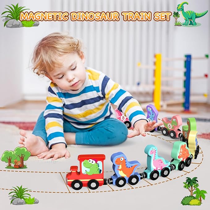 Zeoddler Juguetes para niños pequeños, conjunto de 11 trenes magnéticos de madera con dinosaurios, juguetes Montessori para niños pequeños, material educativo preescolar para niños
