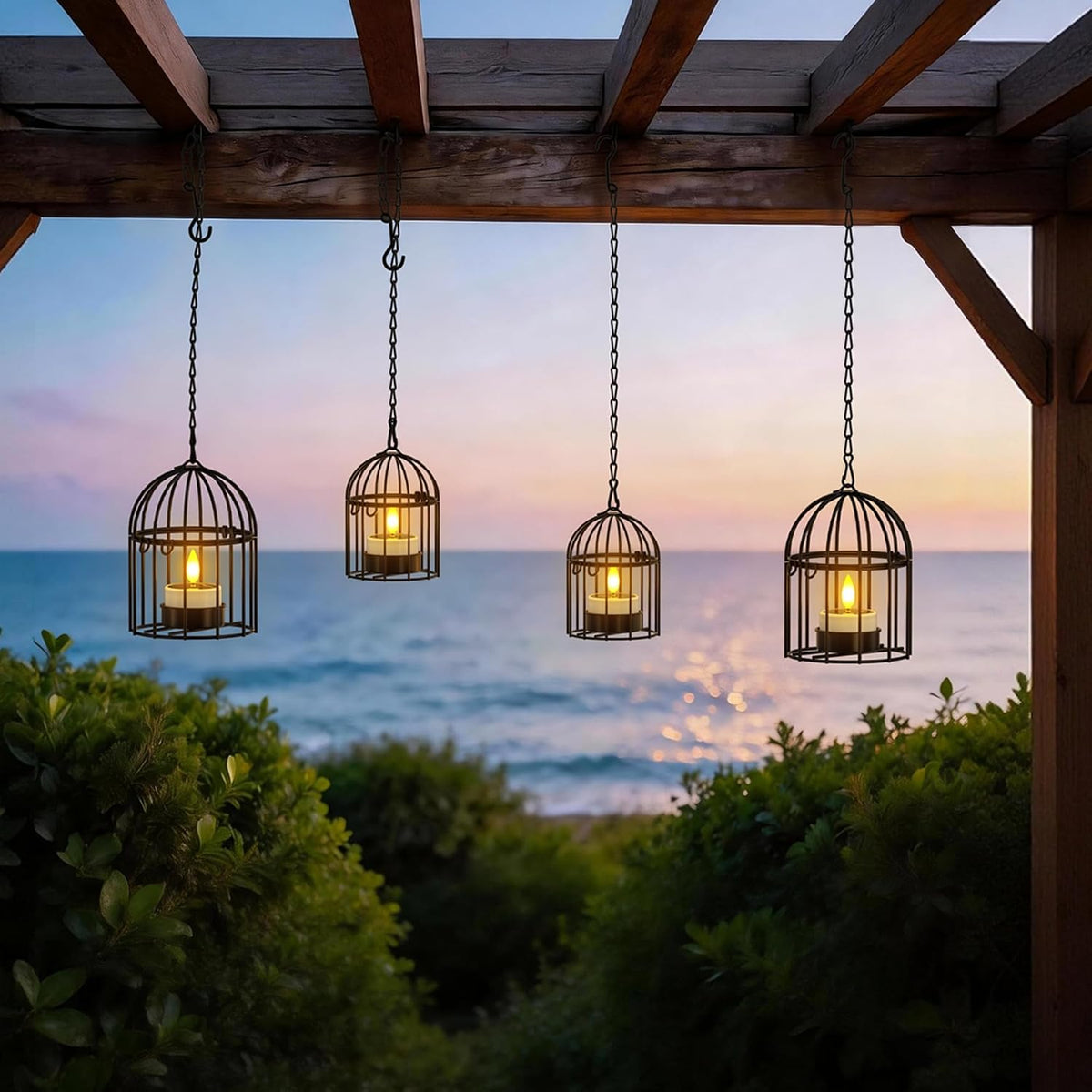 Faroles solares para exteriores SoulBay, paquete de 4 (2L 2S): luces colgantes impermeables con llama parpadeante, velas solares tipo té, cadena extendida, lámpara tipo jaula para pájaros brillante y de larga duración para árboles, patios