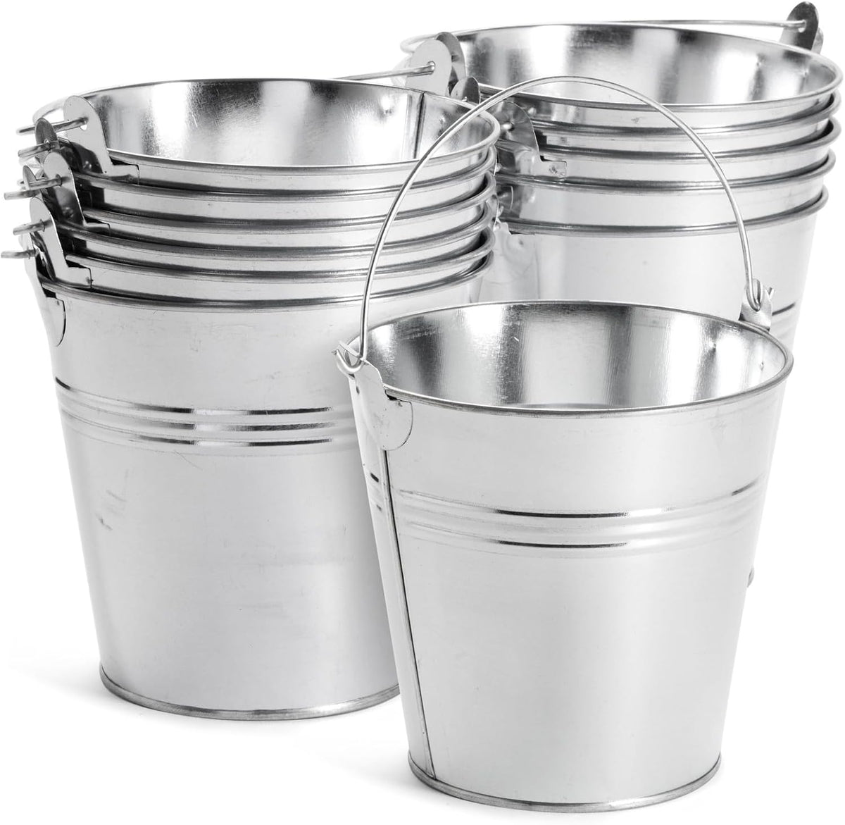 ( PRODUCTO VIENE  COMO SE MUESTRA EN LA SEGUNDA IMAGEN ) Juvale Baldes de Metal Galvanizado | Paquete de 12, Plateado, 4.7 pulgadas | Mini Cubetas con Asas para Decoracion de Fiestas y Manualidades