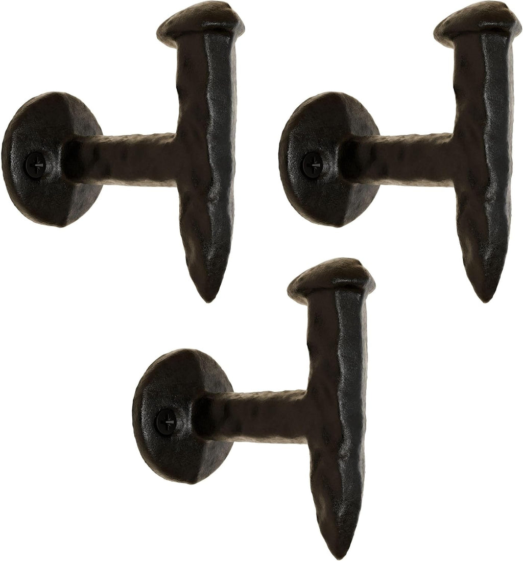 Rustic State Sirkeci Cast Iron Hooks Antique Wrought Iron Railroad Spike Design Rack for Coat Towel Bag Hat Pot Pan - Hand Hammered Wall Mount Forged Hanger - Set of 3 - Black