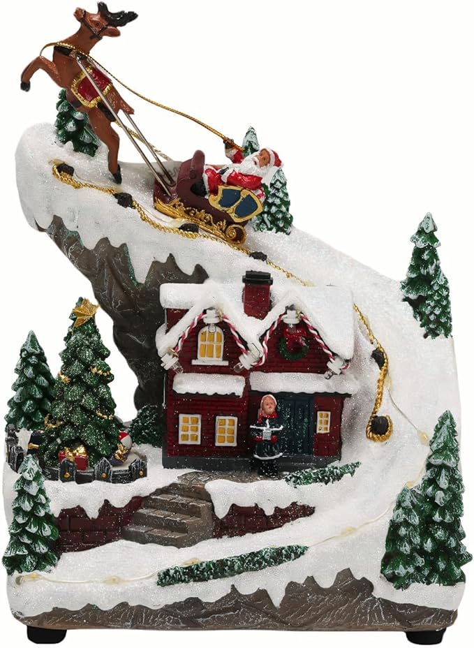 Giftgarden Christmas Village House with Santa Deer and Sleigh, Musical Lighted Christmas Building Decoration Indoor Collectible