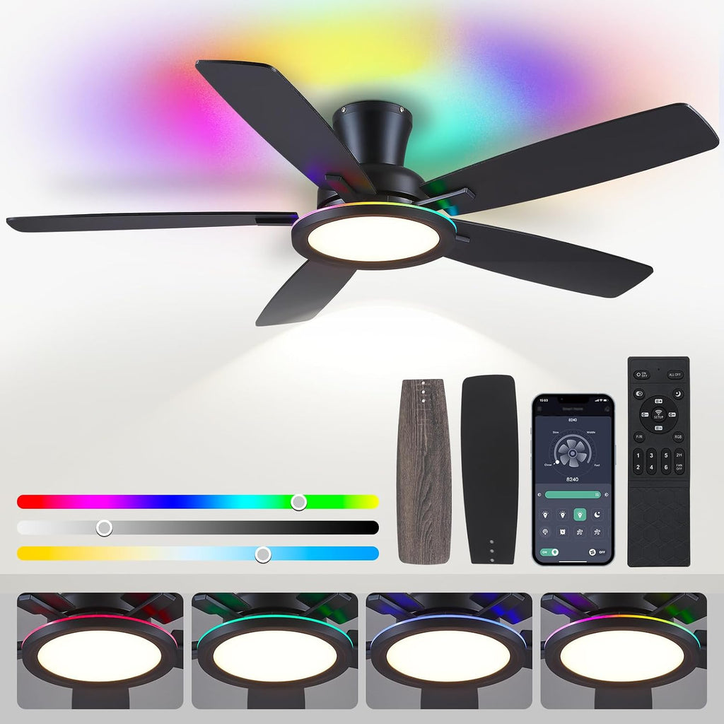 Ventilador de Techo Empotrable BYKISTOK 52 Pulgadas | Luz RGB LED Regulable 3CCT | Motor Silencioso Reversible | Perfil Bajo | Interior Exterior Cubierto | Color Negro | 1 Unidad