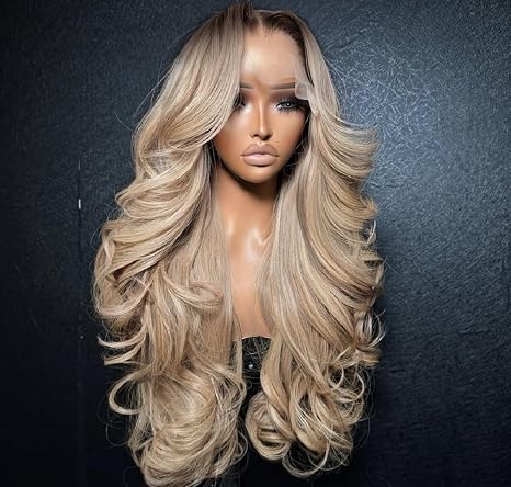 Peluca Lace Front Ombre Rubio Ceniza Claro | Cabello Humano 210% Densidad | Raíces Marrones Té con Leche
