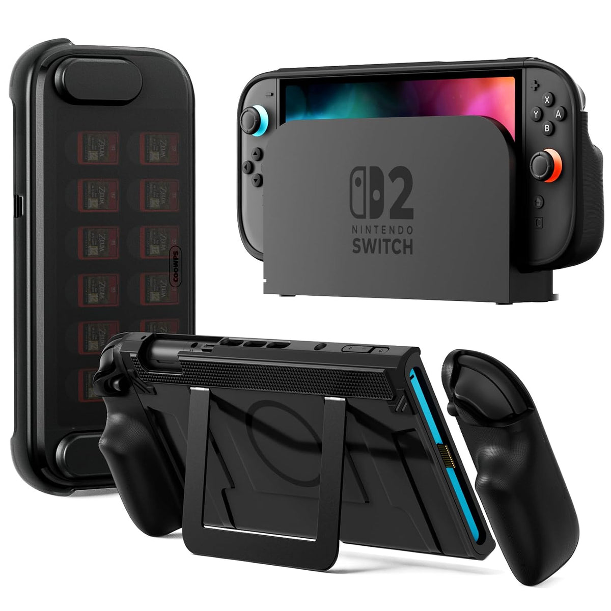 Funda Protectora COOWPS P2 para Nintendo Switch 2 | Agarres Ergonómicos, Soporte Metálico y 12 Ranuras