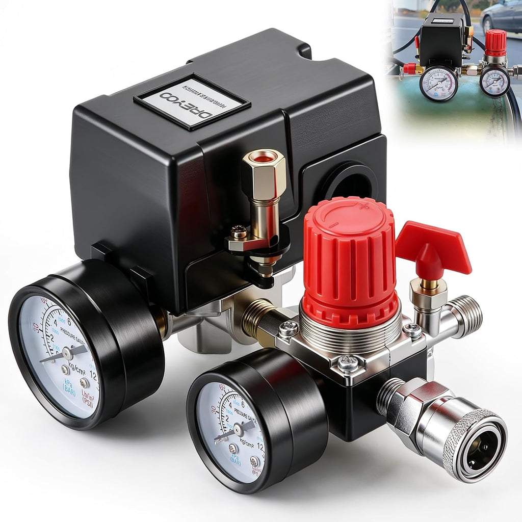 USADO-Válvula de control de interruptor de presión para compresor de aire Dreyoo, 90-120 PSI, 20 A, colector de 4 puertos de 1/4" NPT con regulador y manómetros dobles, encendido/apagado automático, repuestos para compresor de aire.