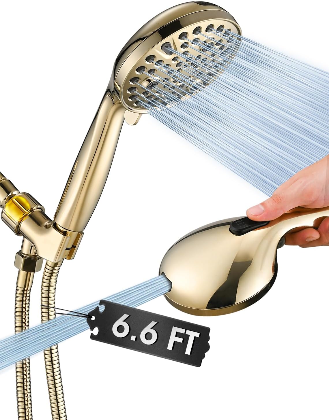 Cabezal de ducha de mano de alta presión con 10 ajustes, rociador desmontable de 12, 7 cm (5") con función de lavado a presión integrada para limpiar bañeras, azulejos y mascotas, manguera extralarga de acero inoxidable de 201 cm (79") - Dorado