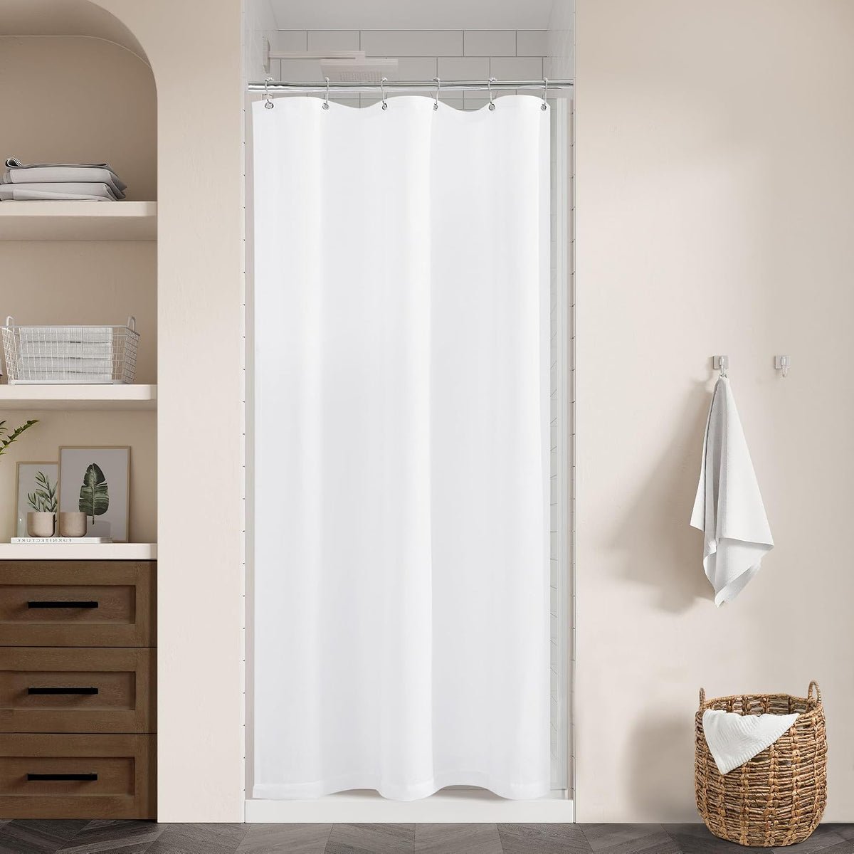 Cortina de Ducha de Lino Blanco 36x72 Pulgadas – Repelente al Agua, Estilo Boho Farmhouse, Lavable a Máquina, Incluye Ganchos