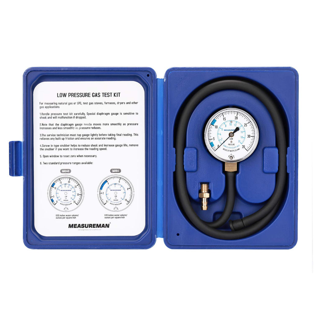 Kit de prueba de presión para colector de gas natural o GLP MEASUREMAN, 0-35" W.C., 1/4" NPT, manguera de 40" de longitud