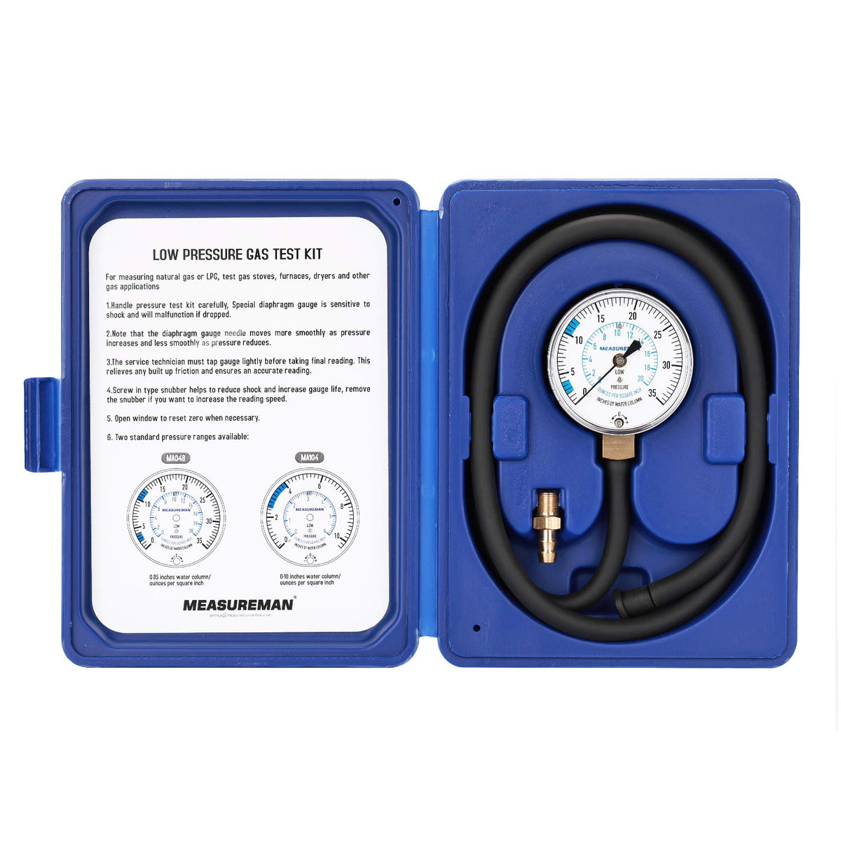 Kit de prueba de presión para colector de gas natural o GLP MEASUREMAN, 0-35" W.C., 1/4" NPT, manguera de 40" de longitud