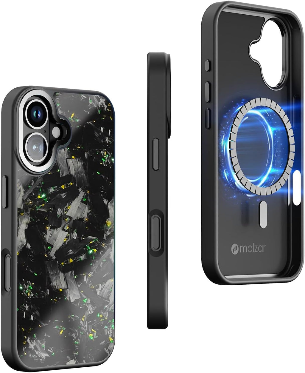 molzar Vibe Series Case Magnetico para iPhone 17 | Fibra de Carbono Forjada con Hojuelas de Papel Aluminio Coloridas | Compatible con MagSafe | Negro Brillante/Verde y Oro