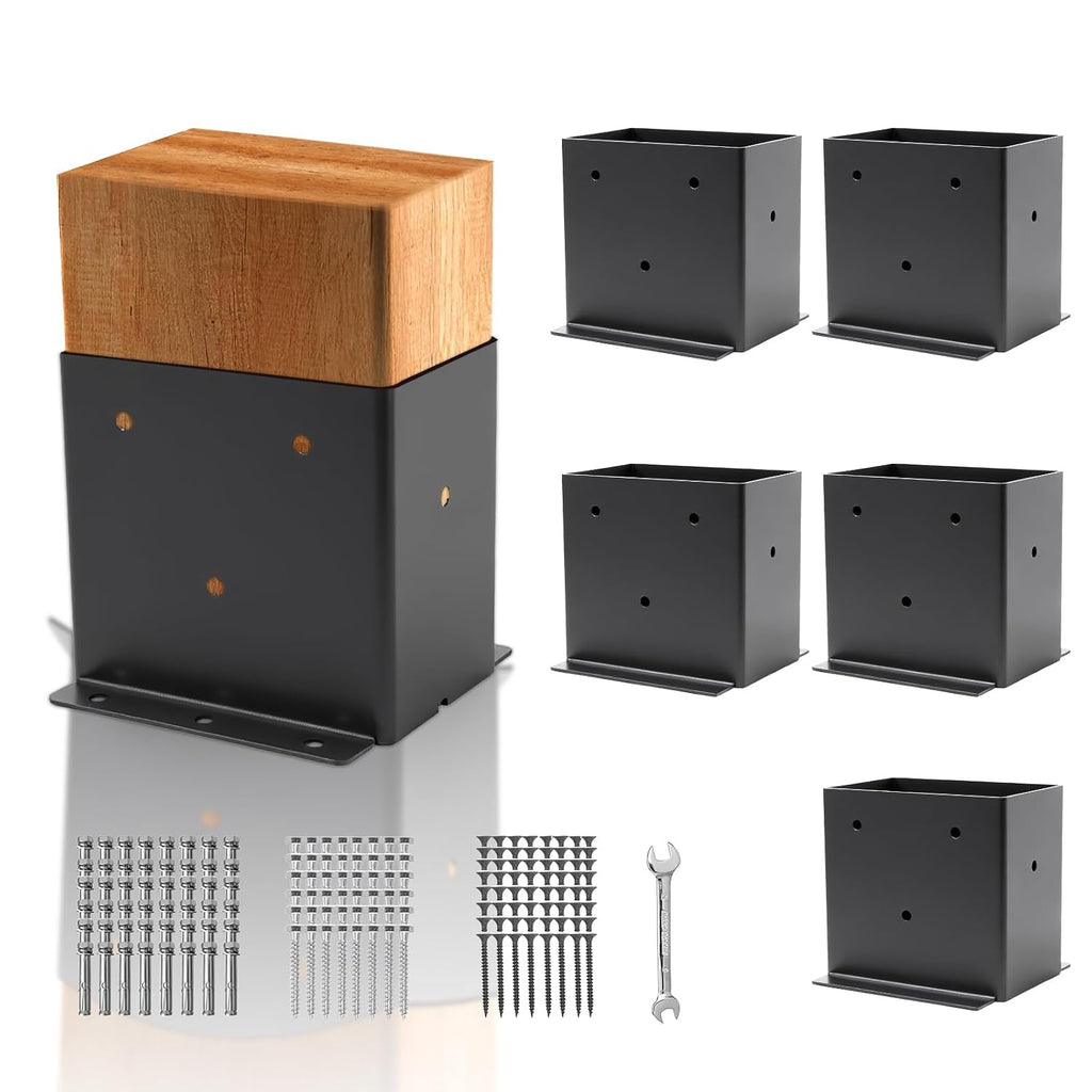 Juego de 6 bases para postes de 4" x 6", (tamaño interior 3.6" x 5.6"), soportes para postes, anclaje de poste de acero grueso con recubrimiento de polvo negro para exteriores, para soporte de placa base de terraza, soportes para pérgola, kit de cerca