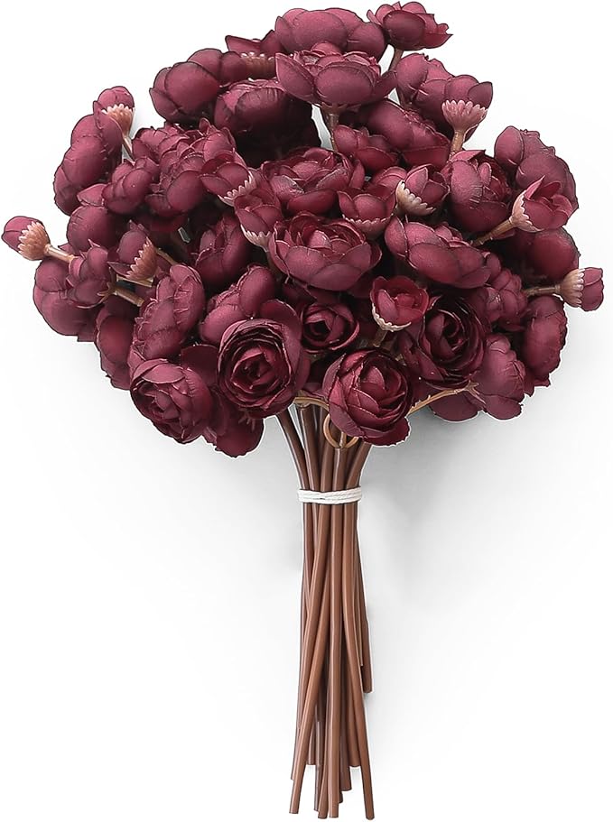 Flores artificiales de ranúnculo de 18 piezas, rosas falsas de seda mini color burdeos, flores de relleno para bodas, en paquete, para hacer tú mismo, ramos rojos, centros de mesa