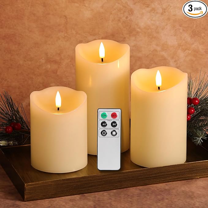 Velas de Pilar Sin Llama Marfil LED Parpadeantes Juego de 3 – Cera Real con Pilas ⚠️ EL CONTROL NO FUNCIONA