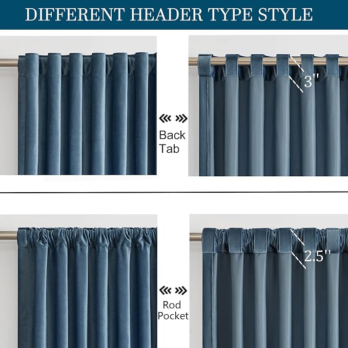 PRIMROSE Set 2 Cortinas de Terciopelo Azul Marino Blackout 90 Pulgadas – Bolsillo para Barra y Trabilla Trasera, Para Sala y Dormitorio