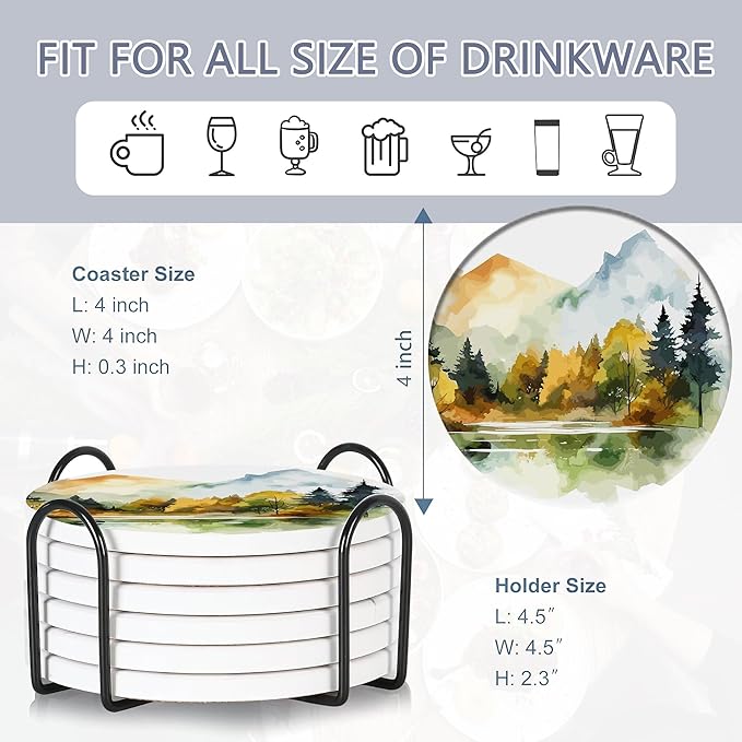 Juego de 6 posavasos de mesa para bebidas, posavasos redondos de cerámica de acuarela bosque nebuloso, con base de corcho y soporte de metal, excelentes regalos para casa nueva y cumpleaños