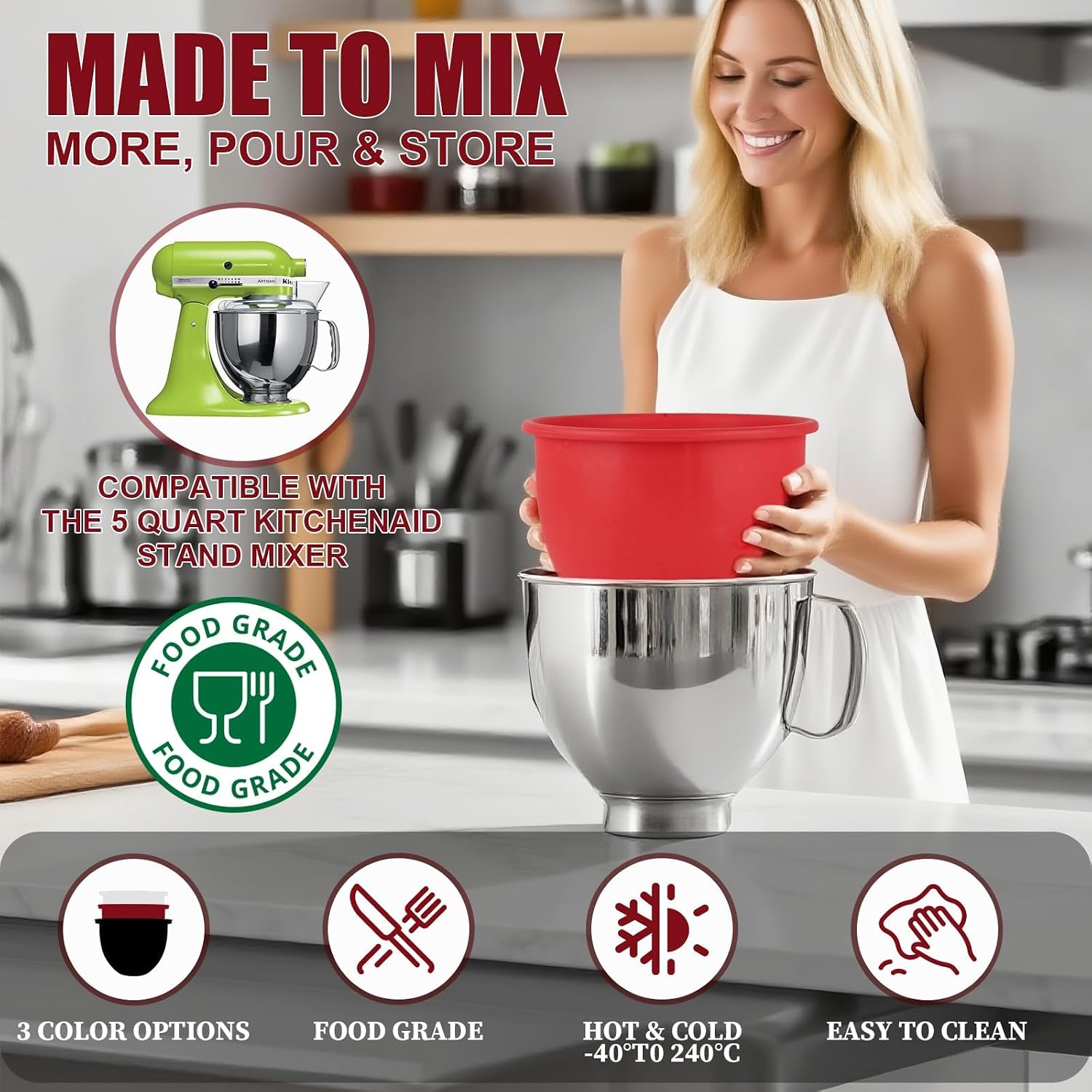 Forros de Silicona para Bowl KitchenAid Tilt-Head 5 Qt – Pack de 3, Accesorios de Repuesto para Repostería y Cocina