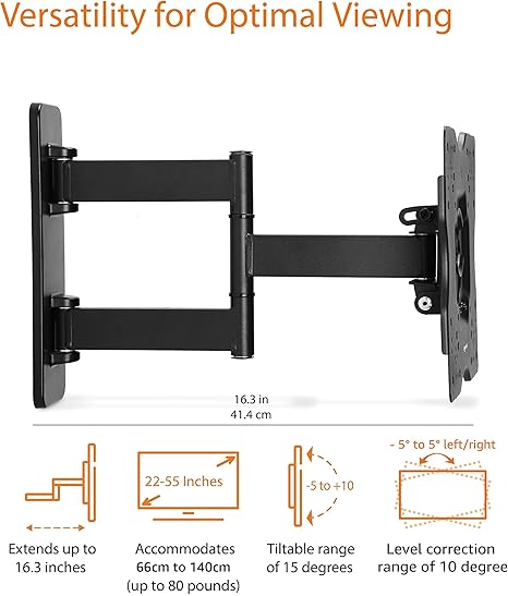 Amazon Basics Soporte de pared articulado de movimiento completo, con giro e inclinación, para televisores de 26" a 55" y paneles planos de hasta 80 libras, compatible con VESA, negro