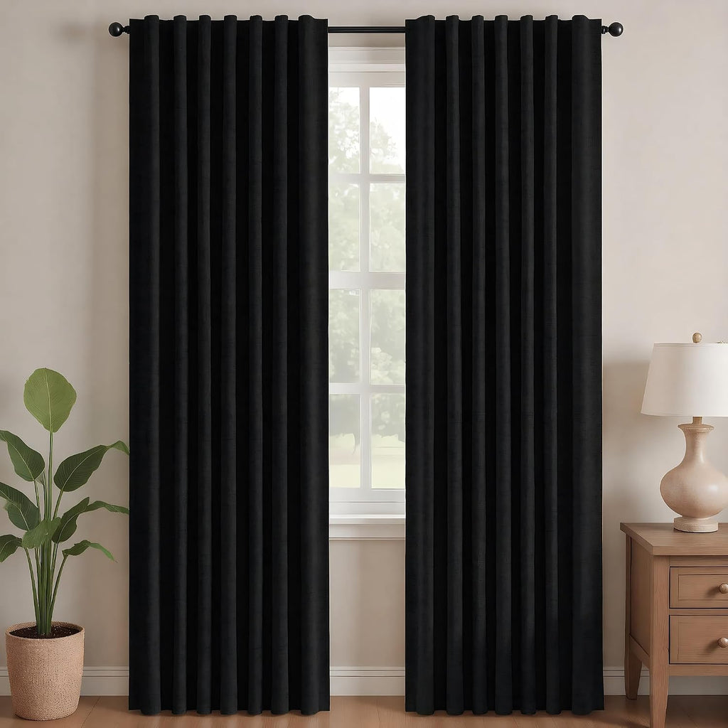 Cortinas opacas Deconovo de 84 pulgadas de largo, cortinas opacas negras para dormitorio - 2 paneles, 52 x 84 pulgadas, cortinas que oscurecen la habitación para sala de estar, cortinas negras con trabillas traseras y bolsillo para barra.
