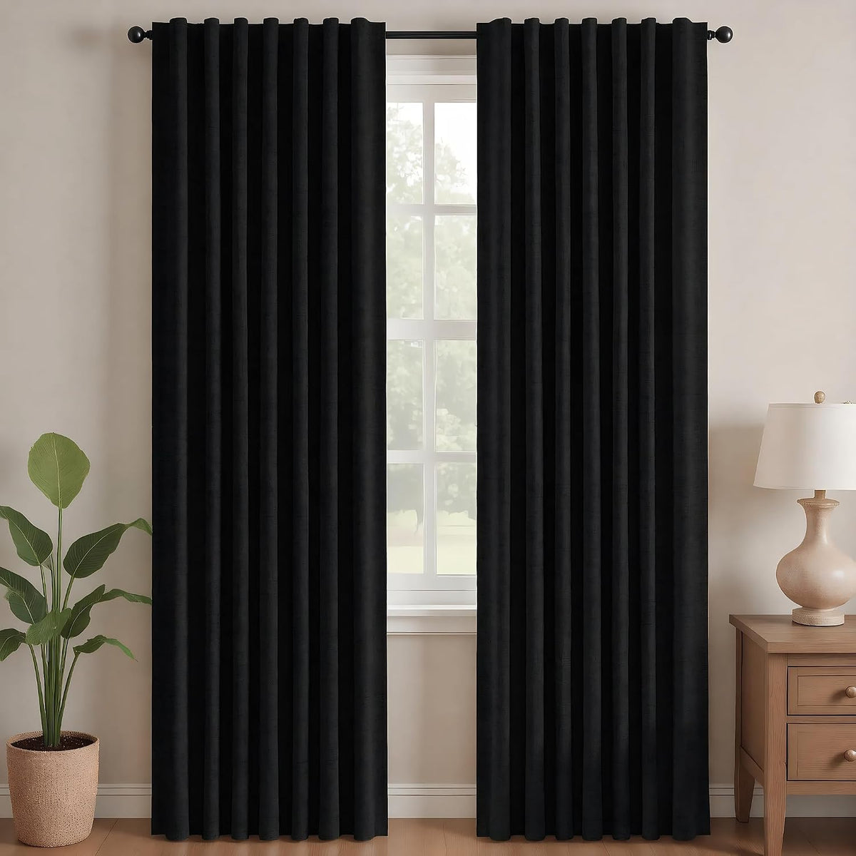 Cortinas opacas Deconovo de 84 pulgadas de largo, cortinas opacas negras para dormitorio - 2 paneles, 52 x 84 pulgadas, cortinas que oscurecen la habitación para sala de estar, cortinas negras con trabillas traseras y bolsillo para barra.