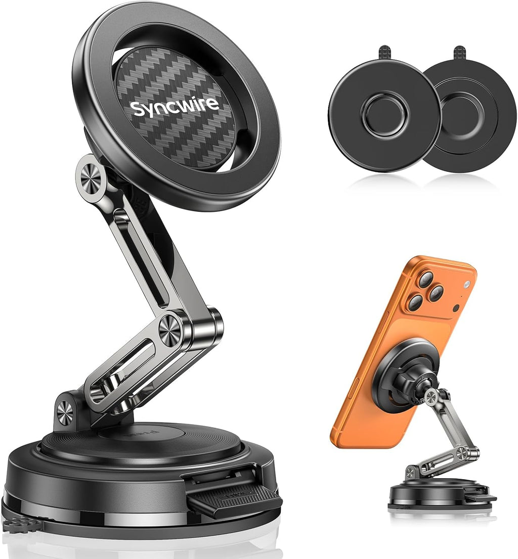 Soporte magnético para coche SYNCWIRE para MagSafe, ajustable en 3 ejes, con ventosa reemplazable (para salpicadero/parabrisas), rotación de 360°, plegable, para iPhone 17-12 Pro/Max/Plus, fibra de carbono.