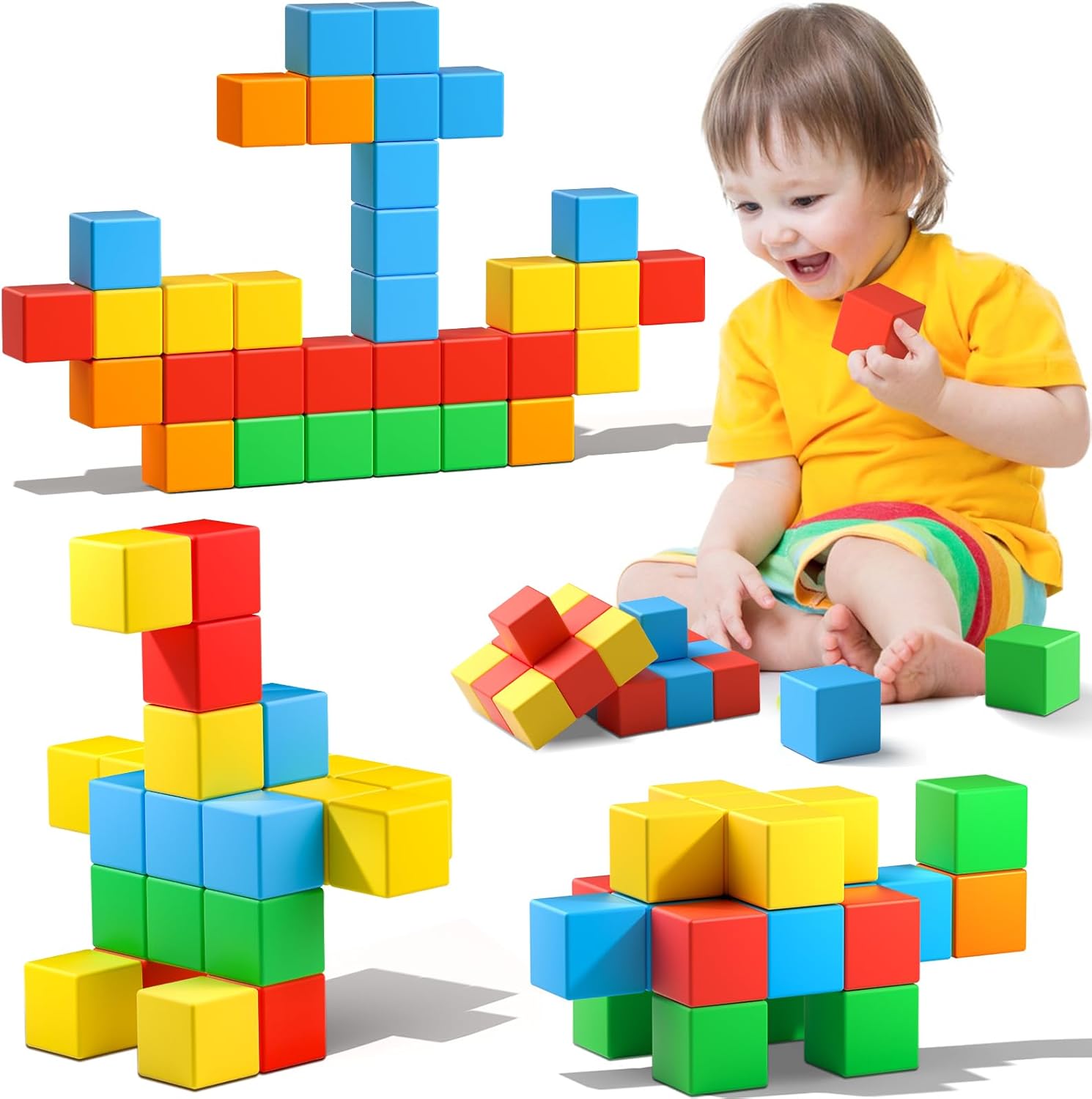 Bloques magnéticos, 32 piezas, bloque de construcción magnético grande para niños de 3, 4, 5, 6, 7, 8 años, cubos magnéticos de color, juguetes de aprendizaje para niños de 1 a 3 años, juguetes sensoriales de 4 a 8 años, regalos de Navidad y cumpleaños