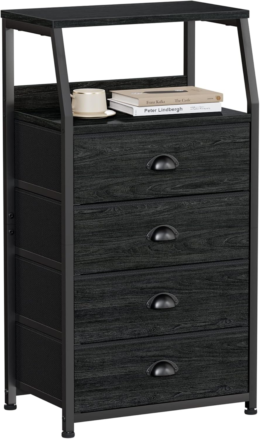 Cómoda Torre Furnulem 4 Cajones | Marco de Acero, Tapa de Madera, Organizador Vertical Negro