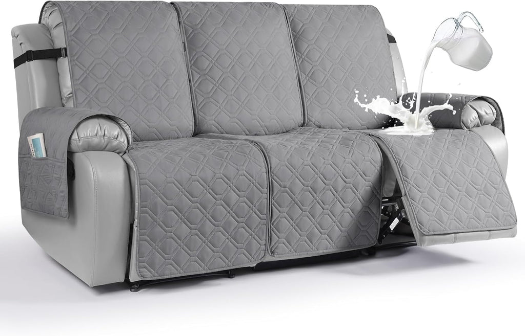Fundas impermeables para sillones reclinables VANSOFY, fundas para sofás de 1 pieza, lavables, antideslizantes, con correas elásticas y bolsillo para perros y mascotas (gris claro, 3 plazas).