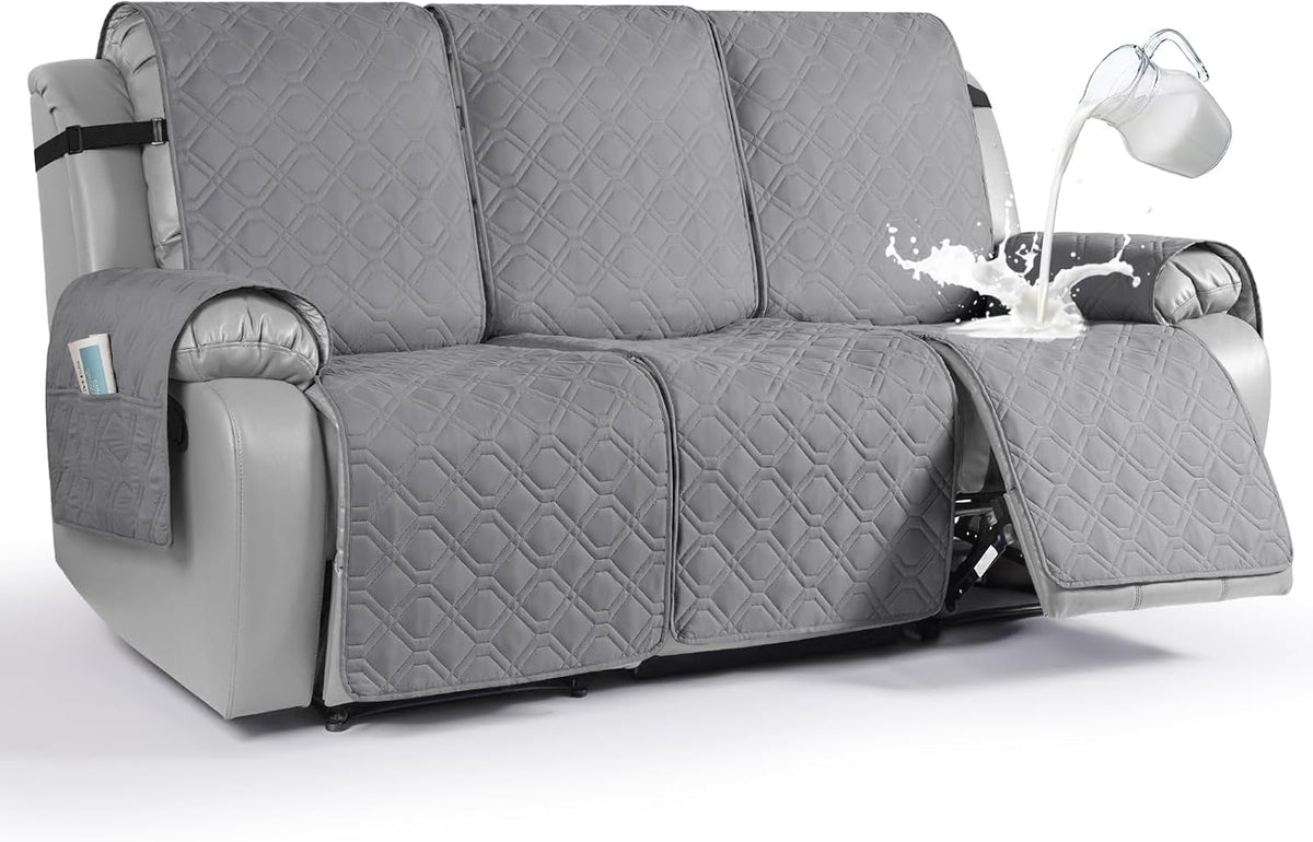 Fundas impermeables para sillones reclinables VANSOFY, fundas para sofás de 1 pieza, lavables, antideslizantes, con correas elásticas y bolsillo para perros y mascotas (gris claro, 3 plazas).