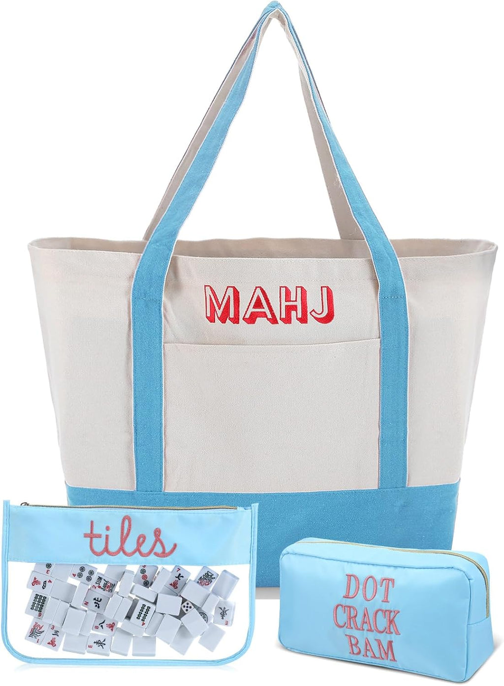 Juego de 3 bolsas vacías para fichas de Mahjong con cremallera, bolsa de transporte de lona bordada de PVC, bolsa de nailon para mujer (azul) 