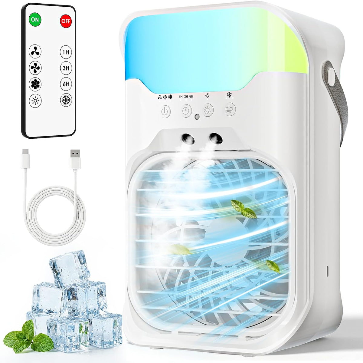 Aire acondicionado portátil 4 en 1, enfriamiento en 2.3 segundos y 3 velocidades de ventilador, tanque de agua de 1600 ml con 2 modos de nebulización, luz nocturna de 10 colores, control remoto, aire acondicionado portátil para habitación, coche