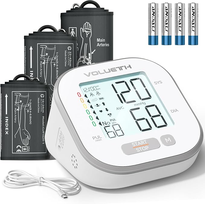 VOLUETH Monitor de Presión Arterial para el Hogar — 3 Tallas de Manguito, Monitoreo Familiar Completo